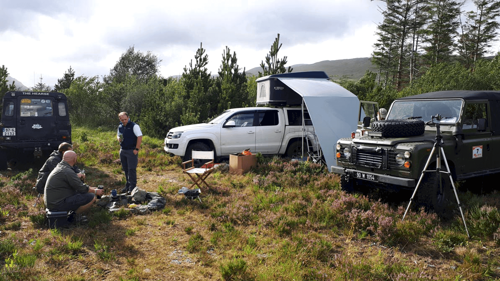 Campsite setup in forest clearing