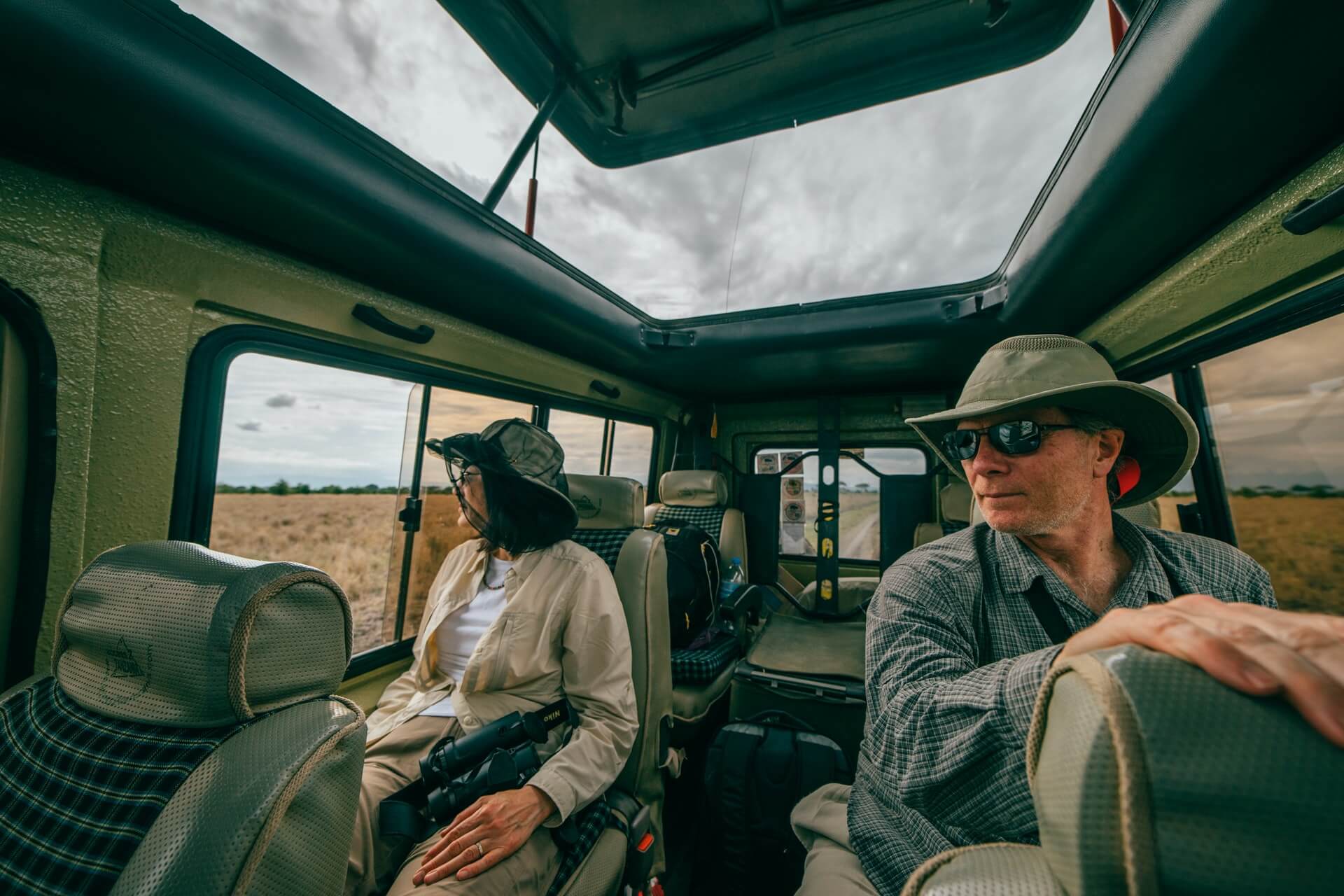 View from inside safari vehicle of passengers